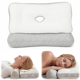Lounsweer 2 in 1 Ear Piercing Pillow with Small Holes 24 x 17 x 4 Inch Gray Neck Support Side Sleeper Pillow with Detachable Cylindrical Pillows for Ear Inflammation Pressure Sores Comfort