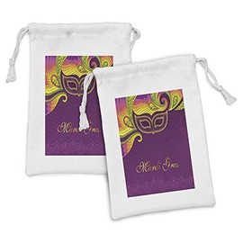 Ambesonne Mardi Gras Fabric Pouch Set of 2, Colorful Lace Style Corner Ornaments Calligraphy and Dotted Design, Small Drawstring Bag for Toiletries Masks and Favors, 9" x 6", Purple Yellow Green