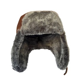 Leather Aviator Russian Ushanka Trapper Shearling Sheepskin Fur Ear Flap Waterproof Winter Hat (US, Alpha, Medium, Cognac/Gray)