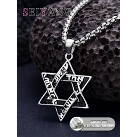 Seiyang Star of David Necklace for Men, 925 Sterling Silver Hebrew Star of David Pendant, Collar De La Estrella De David Jewish Stars Pendant, Jewish Jewelry Hebrew Gifts for Men