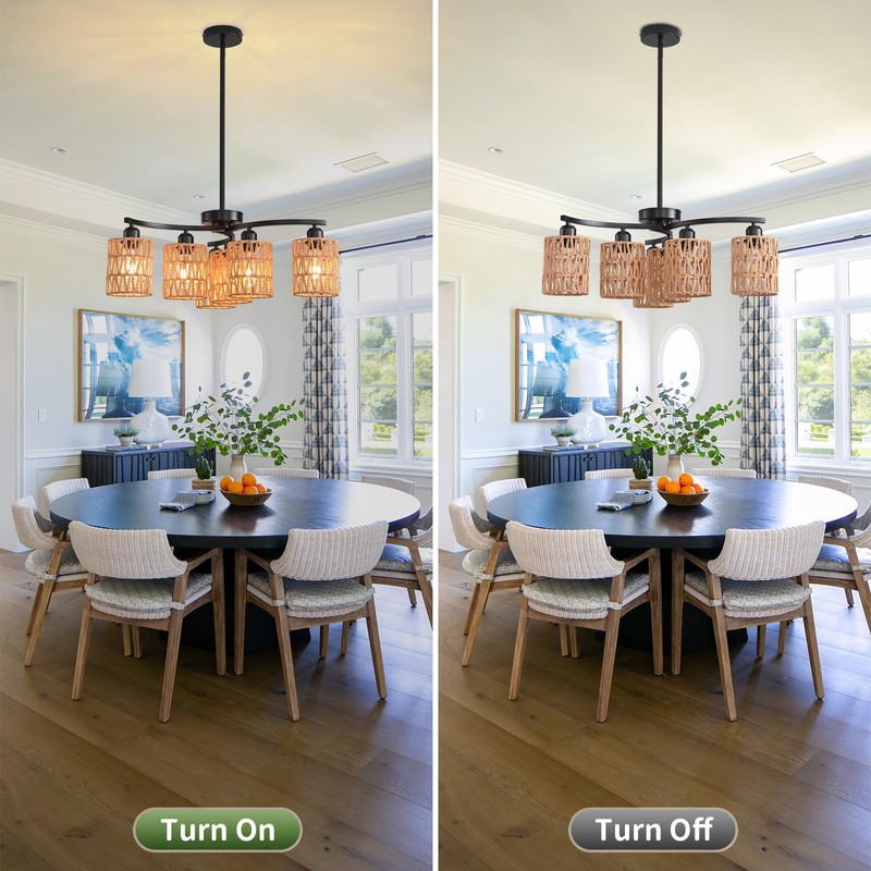 Povectolay Boho Hand Woven Chandelier, 6-Light Black Pendant Lights Kitchen