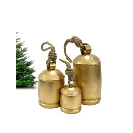 Set of 3 Giant Harmony Cow Bells Huge Vintage Handmade Rustic Lucky Christmas Hanging Bells on Rope Farmhouse Décor Holiday Ornaments Large Metal Bells for Rustic Christmas Decorations.