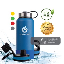 Hydro2go® Stainless Steel Water Bottle X-AlpsBottle – 1000 ml / 1 Litre Vacuum Insulated Thermos Flask + 3 Drinking Caps Leak-Proof Insulated Flask Double-Walled Outdoor Sports Bottle, blue, 950ml