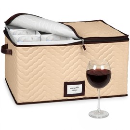 Wine Glass Storage Box with Dividers - Stemware Storage Case, Durable Quilted Microfiber Bin with Carry Handles, Protects Fine China - (1 Pack, Red Wine Glass)