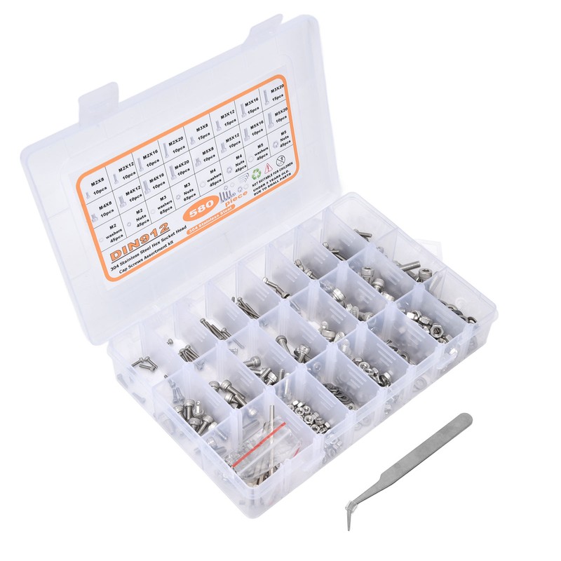 580Pcs Screws Nuts Washers Kit 304 Stainless Steel Cylindrical Head