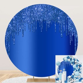 OERJU 7.2x7.2ft Royal Blue Glitter Round Backdrop Luxurious Blue Sequins Deluxe Drippy Photography Background Circle Backdrop Cover for Birthday Baby Shower Party Decoration Photo Booth Props