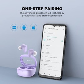 HTC True Wireless Bluetooth Earbuds 9 Bluetooth 5.3, in-Ear Earphones Transparent Case Design with Wireless Charging Fuction, 24Hour Playtime/Game Modes/Built-in Mic/Touch Control -Purple