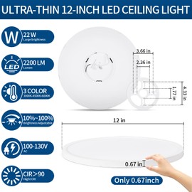Modern 12'' Led Ceiling Light Fixture, 0.67 Inch Ultra Thin Flush Mount, Brightness Dimmable & 3000K/4500K/6000K Selectable, 22W 2200LM, White, for Bedroom, Kitchen, Dining Room, Home Office, Hallway