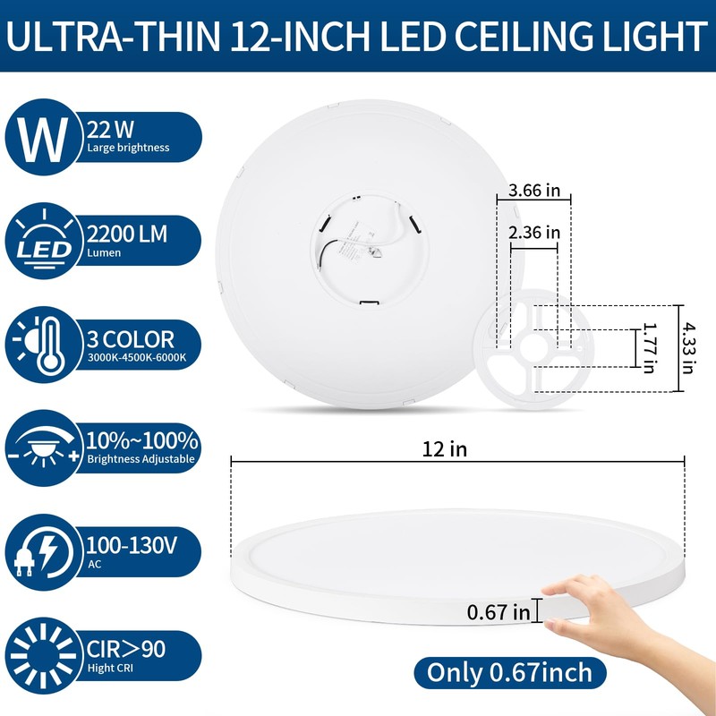 Modern 12'' Led Ceiling Light Fixture, 0.67 Inch Ultra Thin