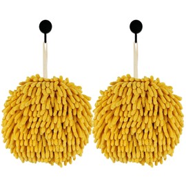 MEET WANT Fuzzy Ball Hand Towel，Two Hanging Hand Towels for Bathroom，Chenille Quick Dry Hand Towels,Strong Absorbent and Quick Drying, Suitable for Kitchen Bathroom (Yellow)