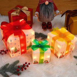 Lighted Gift Boxes Christmas Decorations - Set of 3 Gift Boxes (Cartoon Theme) - Includes 50 Mini Lights - Ideal for Indoor and Outdoor Christmas Tree Home Party Decor