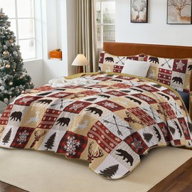Xruibed Christmas Quilt Set King Size, Patchwork Brown Bears Xmas Tree Reindeer Pattern Bedspread Christmas Farmhouse Bedding Set, Soft Lightweight Microfiber Winter Coverlet Set (104"x90", 3 Pieces)