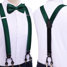 Dubulle Mens Clips Suspenders and Pretied Bowtie Set Y Shape Adjustable Paisley Checks Braces Pocket Square,Emerald Green