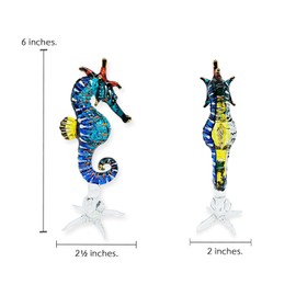 ChangThai Design Tiny 6" Blue Yellow Red Seahorse Figurine - Miniature Hand Blown Glass Sea Horse Seadragon Fish Colorful Marine Life Small Crystal Animals Decorative Collectible Figures Décor Gifts