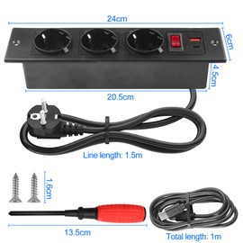 BlueXP 3 Fach Einbausteckdose Tischsteckdose Steckdosenleiste mit Schalter USB C PD 20W Tischplatte Steckdose Mehrfachsteckdose mit 1,5M Kabel Type-C Kable für Küche Büro Arbeitsplatte Möbel-Schwarz