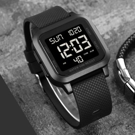 Men’s Digital Watch for Men, Stainless Steel Square Watches, Mens Wrist Watches Waterproof Large Face Dual Time Date Watch