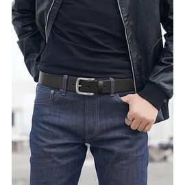 Bullko Men's Casual Genuine Leather Dress Belt For Jeans 1 1/2 Black 32 inch