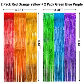 4 Pack 3.3 x 6.6 FT Rainbow Party Decorations Foil Fringe Curtains Photo Backdrop, Rainbow Tinsel Metallic Streamers Holiday Photo Booth Props for Birthday Birthday Wedding Engagement Bridal Shower