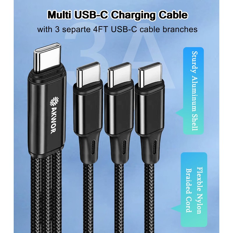 AKWOR USB C Splitter Charging Cable for Multiple Devices, 60W