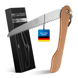HARDTWERK Alpha Folding Saw with Bamboo Handle (210 mm) for Garden, Outdoor, Bushcraft Including S-Carabiner, Hand Saw Wood Made of SK5 Carbon Steel, All-Purpose Folding Hand Saws, Garden Hand Saw with Safety Lock