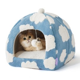 Lesure Cute Cat Beds for Indoor Cats - 2 in 1 Cat Cave Bed for Kittens and Small Pets, Cat House with Removable Washable Cushioned Pillow, Cozy Cat Tent House with Non-Slip Bottom, Blue, 16 inches