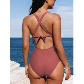 CUPSHE Women's One Piece Swimsuit Tummy Control Deep V Neck Double Straps Crisscross Back Tie Bathing Suit M, Brick Red