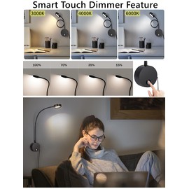 AUSLEUCH Dimmable LED Reading Lamps,Wall Mount Reading Lights for Bed Headboard,Flexible Gooseneck Headboard Reading Lam, Plug in Sconce Touch Control,3 Color Modes, 2A/5V USB Output,Black 1 Pack