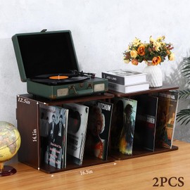 Wonderjune 2 Pack Vinyl Record Storage Cubes Stackable Wall Mount 160-200 Albums Holder Wooden Record Crate 3 Compartment Storage Box Case Crate for Vinyl Records Albums Magazine Book