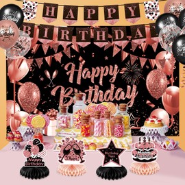 Rose Gold Birthday Decorations for Women,Rose Gold Happy Birthday Banner Backdrop Balloons, Happy Birthday Letter Sign Honeycomb Centerpiece for Men Women Birthday Anniversary Party Supplies Favors