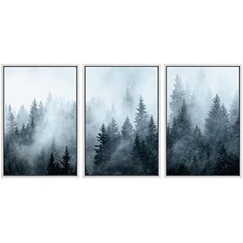 SIGNWIN Framed Canvas Print Wall Art Set Winter Fog Mist Pine Tree Mountain Forest Nature Wilderness Photography Modern Art Landscape Relax/Calm for Living Room, Bedroom, Office - 24"x36"x3 White