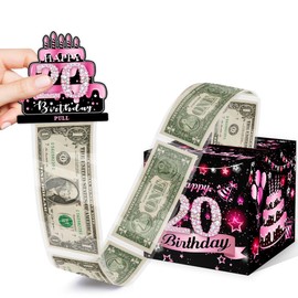 Birthday Money Box for Cash Gift, 20 Years Old Surprise Box Explosion Gift for Women Men Pull, 20th Birthday Money Gift Ideas, Pink Birthday Party Decor -Included 35 Bags