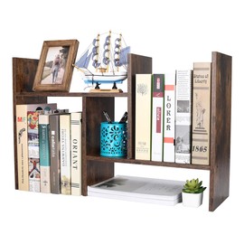 PAG Adjustable Desktop Shelf Wood Small Bookshelf Desk Supplies Organizers and Accessories Storage Display Rack Office Decor, Antique Brown