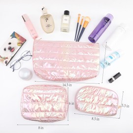 Hiroyuki 3pcs Quilted Makeup Bag, Extra Large Iridescent Puffer Cosmetic Bag Zipper Toiletry Bag Set Travel Pouch Skincare Organizer Wash Bag (Pink 3pcs)