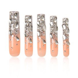 LOVFUL Stunning Bling Nails,Crystal Detailed Diamonds Press On Nails | Custom Shape | Glitter Rhinestone Nails | Gradient Pink Fake Nails| H126 (L)