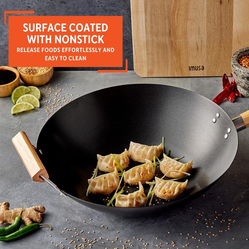 Imusa 14in Carbon Steel Nonstick Wok with Wood Handles, Black