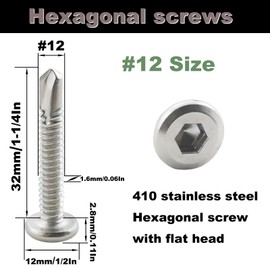 40PCS #12 x 1-1/4" Hex Socket Self Tapping Screws, 410 Stainless Steel Sheet Metal Flat Head Drilling Screw Self-Tapping Screws High-Strength Fast Sheet Metal Screws (5/8" to 1-3/4" Available)