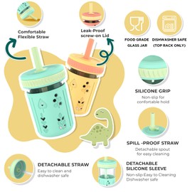 Tronco Glass Mason Jar Sippy Cups for Toddlers, 8 oz Kids Smoothie Cups with Straws and Silicone Sleeves, Spill Proof, BPA-Free