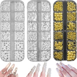 12 Size Nail Charms, 3 Box Nail Art Accesories Pearl & Half Round Pearl & Gold Moon Star Flat Back Nail Decor for Nail Art, Clothes, Face, Craft