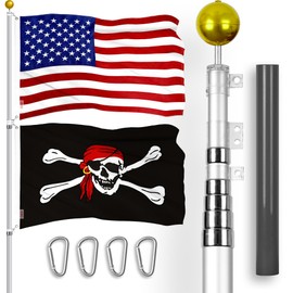 G128 Combo Pack: 25 Ft Telescoping Aluminum Flagpole (Silver) & American and Pirate Jolly Roger Head Scarf Flags 3x5 Ft, Both ToughWeave Series Embroidered Polyester | Pole with Flags Included