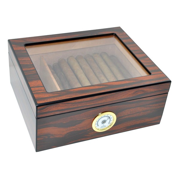 DUCIHBA Cigar Humidors Storage 25-50 Cigars Case, Tempered Glass Top Display, Handcraft Spanish Cedar Wood Desktop Cigar Box with Divider, Humidifier and Hygrometer, Gift for Man, Macassar Brown