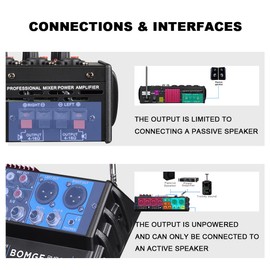 BOMGE 6 Channel dj powered audio sound mixer amplifier,100 W Stereo Speaker Home Audio Receiver effects, 48V phantom Power, USB, Bluetooth ，for home theater system, Karaoke, Streaming