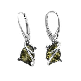 Amber Sterling Silver Earrings - Butterfly Back Art Deco Green Amber Fancy Dangly Drop - Amber Jewellery 070321