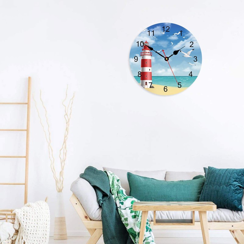 TAHEAT Lighthouse Seagull Ocean Wall Clock, Wooden Battery Operated Clocks,
