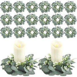 20 Pcs Artificial Eucalyptus Candle Rings, Boho Wedding Candle Holder Wreaths with Green Leaves, Decorative Pillar Candle Rings for Centerpieces and Home Decor