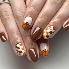 Thanksgiving Day Press on Nails Almond Glossy Fake Nails Pumpkin False Nails Grid Glue on Nail Short Brown White Stick on Nails Full Cover Artificial Acrylic Nail for Women Autumn Nail Decoration