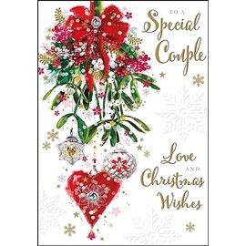 Jonny Javelin Special Couple Christmas Card - Mistletoe Bouquet and Baubles Embossed with Foil and Flitter Details