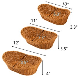 Yarlung 3 Pack Small Woven Breads Baskets, Oval Fruit Baskets Stackable Plastic Wicker Trays for Serving Vegetables, Kitchen, Restaurant, Outdoor, Imitation Rattan Brown, 3 Sizes