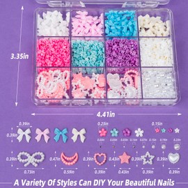 3D Nail Charms Set White Flatback Pearls + White Nail Pearls + 4 Colors Nail Bows + 4 Colors Nail Flowers + Pink & White Star Heart Moon Cute Nail Jewels for Nail Art DIY Decoration with Pickup Tools
