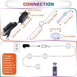 Lvyinyin RGBWW Under & Above Shelf Light, Round LED Puck for Accent & Ambient Lighting, Color Changing & True Warm White, Remote Dimmable, Daisy Chain Linkable, 110 Volt Wall Plugged in, 4 Lights