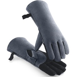 OZERO 932°F Heat Resistant Welding Gloves 16 inches Cowhide Leather - Long Sleeve and Insulated Lining BBQ Glove for Tig Welder/Mig/Grill/Barbecue/Stove Black-gray